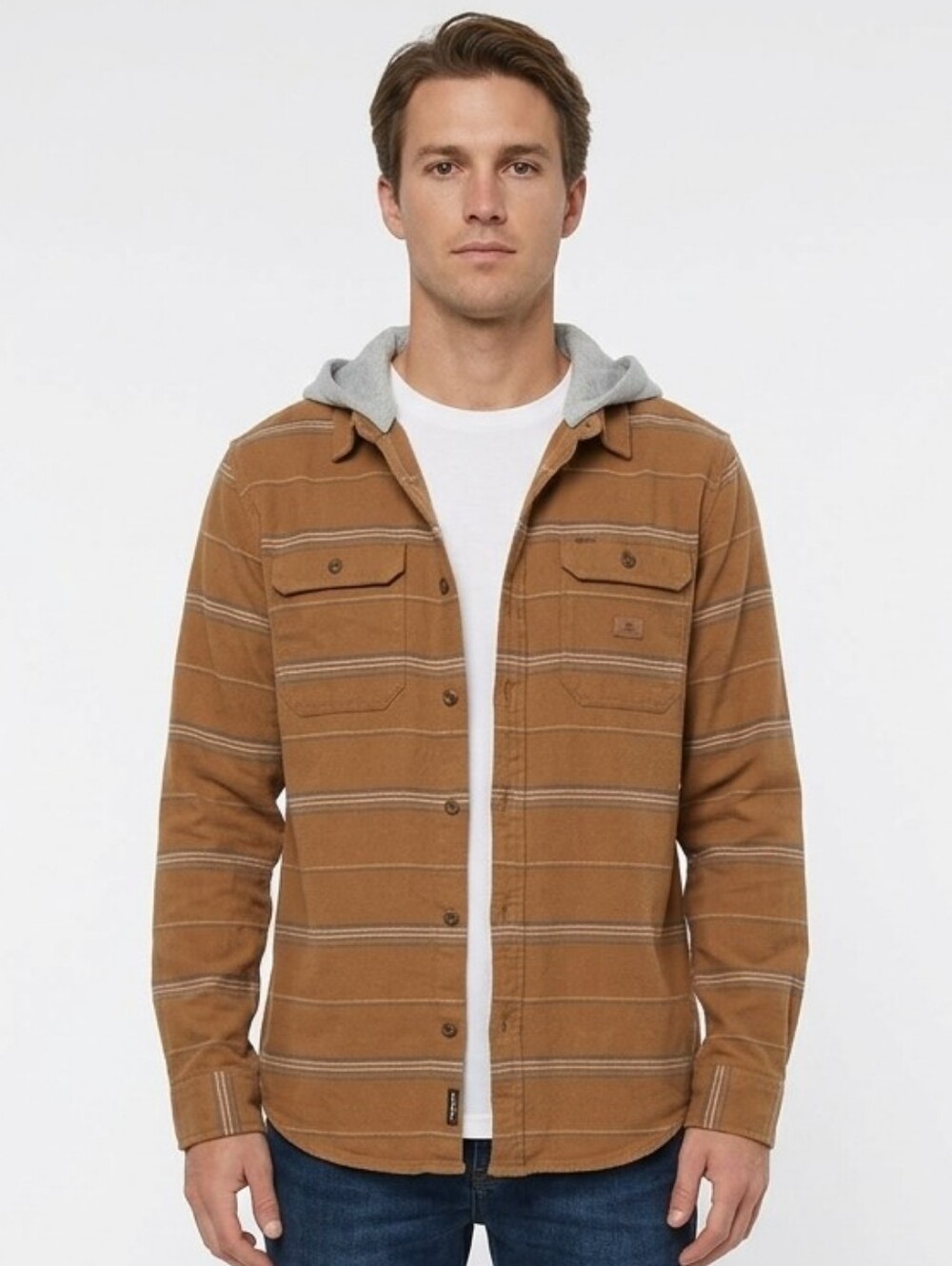 O'Neill Mens Medium Striped Hooded Flannel Button Down Shirt Shacket Tan Brown